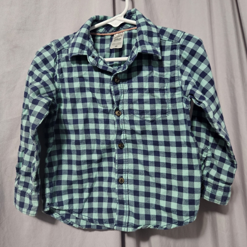 Carters Blue Plaid Button Up‎ Flannel, 24m